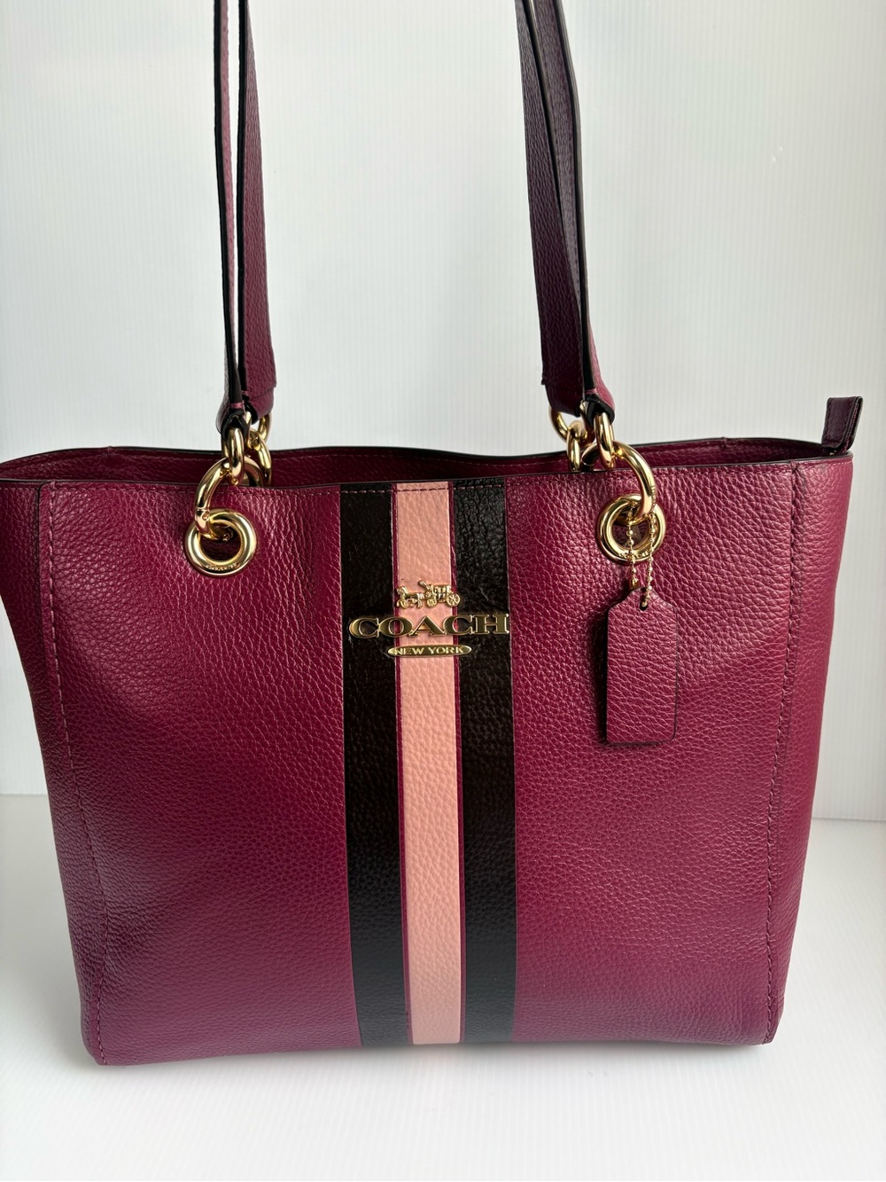 COACH  Jes Tote Bag Varsity Stripe Dark Berry Plum Pebble Leather